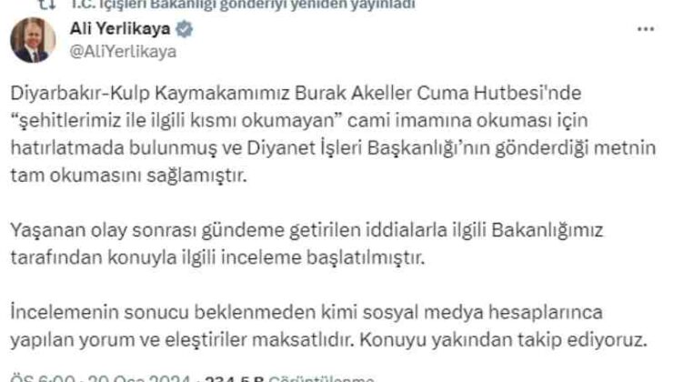 İçişleri Bakanı Yerlikaya’dan Kulp’taki olay ile ilgili açıklama