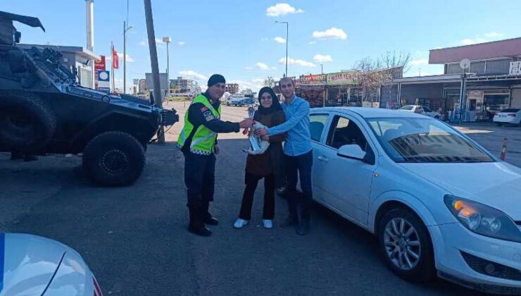 Jandarma yol uygulamasında kadınlara gül hediye etti