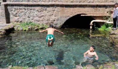 Diyarbakır’da hava sıcaklığının birden yükselmesiyle çocuklar süs havuzuna girdi