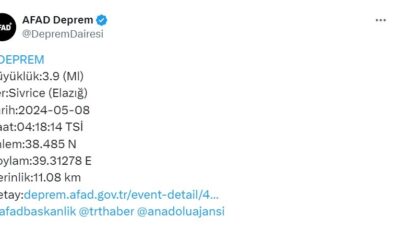 Elazığ’da 3.9 büyüklüğünde deprem