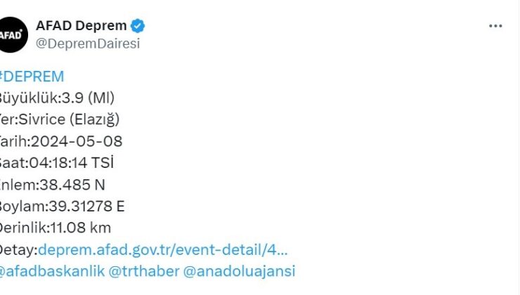 Elazığ’da 3.9 büyüklüğünde deprem