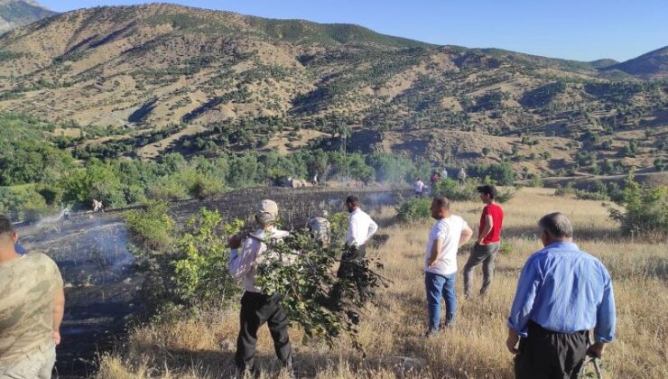 Köylerinde çıkan yangın için insan zinciri kurdular