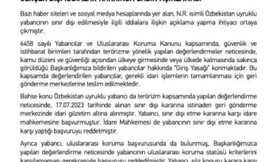 Göç İdaresi Başkanlığı: “Özbekistan uyruklu N.R. sınır dışı edildi”