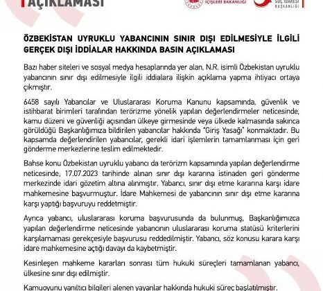 Göç İdaresi Başkanlığı: “Özbekistan uyruklu N.R. sınır dışı edildi”
