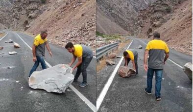 Hakkari’de yağışlar nedeniyle Çukurca yoluna kaya düştü