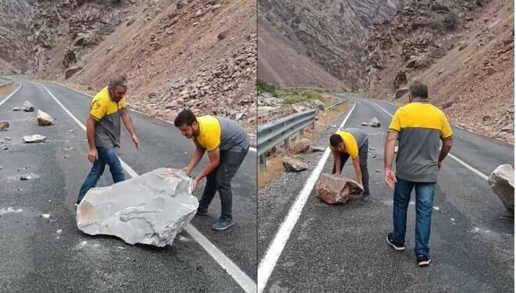 Hakkari’de yağışlar nedeniyle Çukurca yoluna kaya düştü