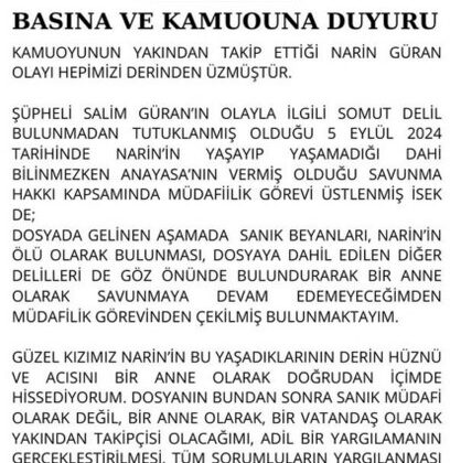Narin Güran cinayeti davasında tutuklu amcanın avukatı çekildi