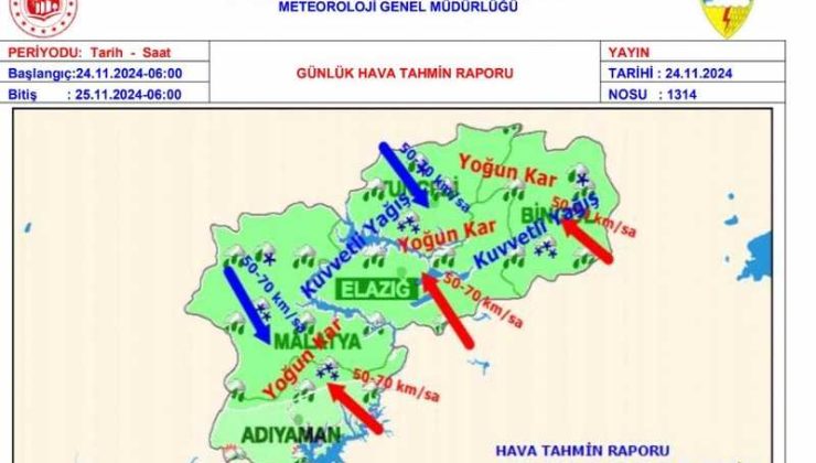 Meteorolojiden Elazığ ve çevresi için yoğun kar ve fırtına uyarısı