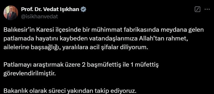 Bakan Işıkhan’dan Balıkesir’deki patlama için taziye