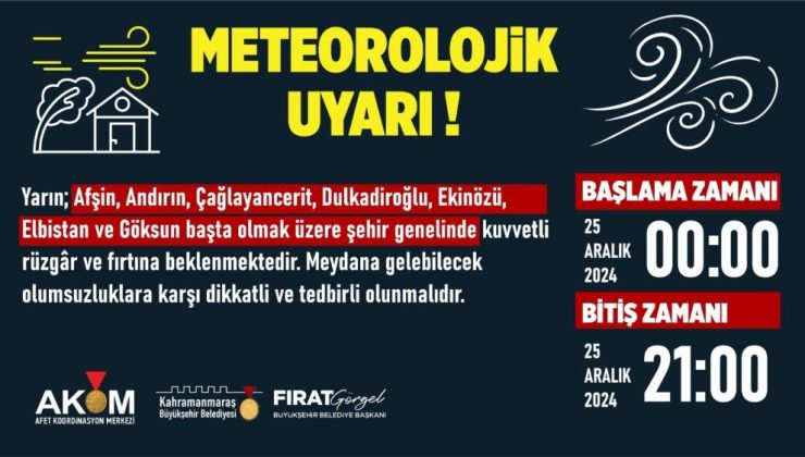 Kahramanmaraş’ta fırtına alarmı: Şiddetli rüzgâr geliyor