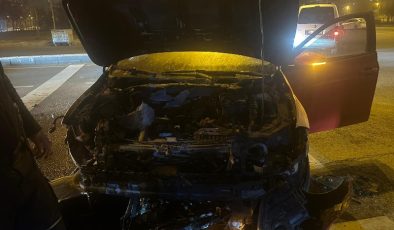 Diyarbakır’da refüje çarpan otomobil alev aldı
