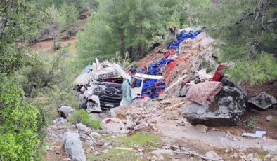 Domates yüklü kamyon devrildi, sürücü hastaneye kaldırıldı