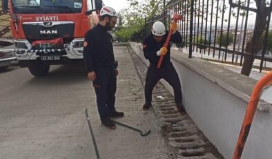 Mazgala düşen kediyi itfaiye kurtardı